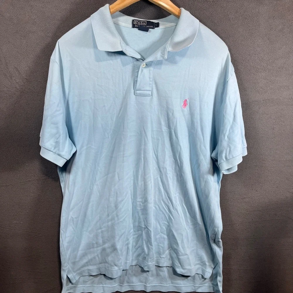 Polo Ralph Lauren Mens Light Blue Pink Pony Logo Cotton Polo Shirt Large